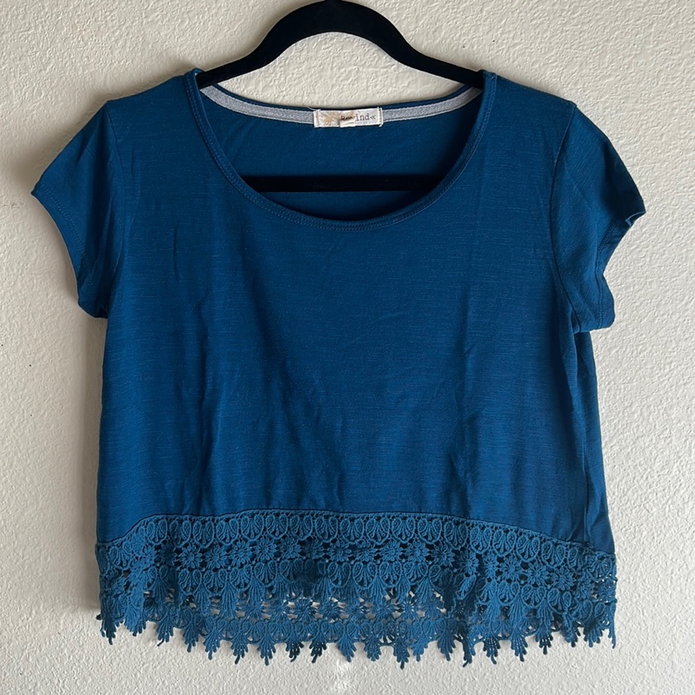 Blue Crop Top Blouse with Crochet Trim Size XS Rewind Boho